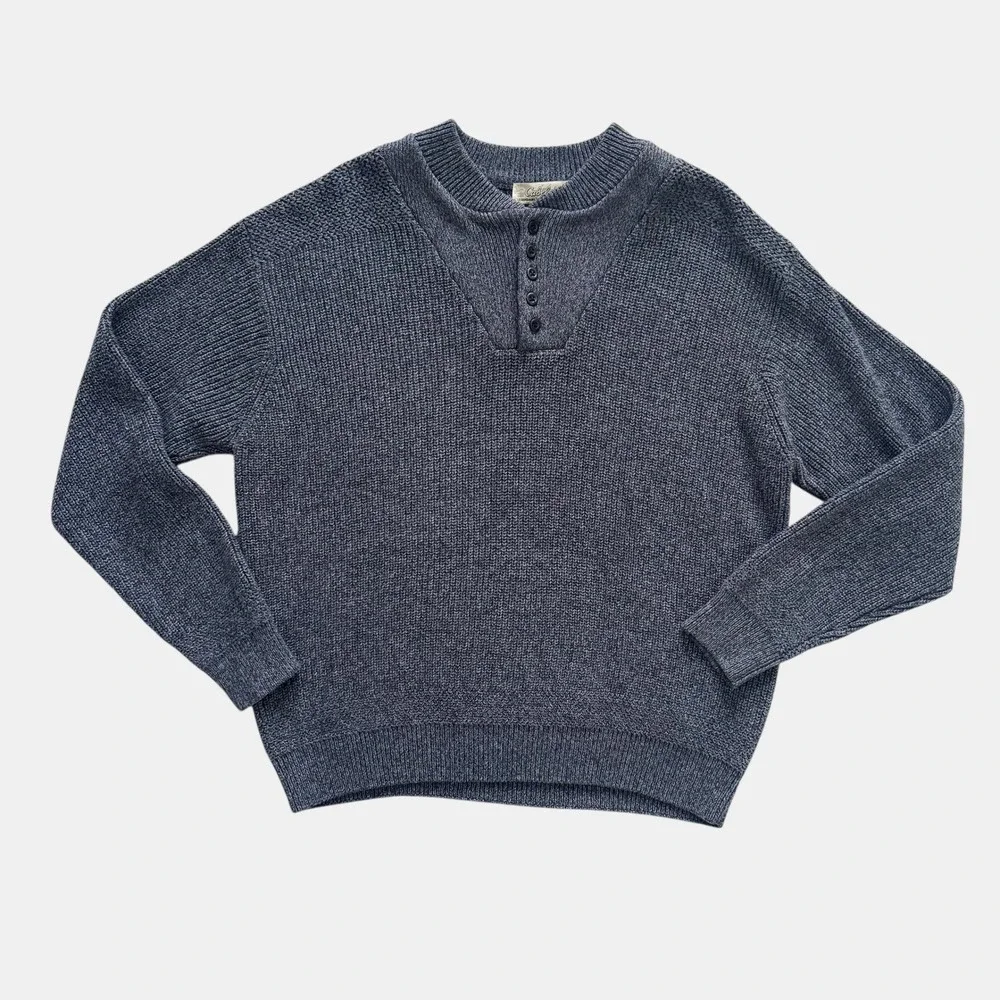 Cabelas Mens 2XL Grey Cotton Chunky Knit Henley Sweater Pullover‎ fisherman